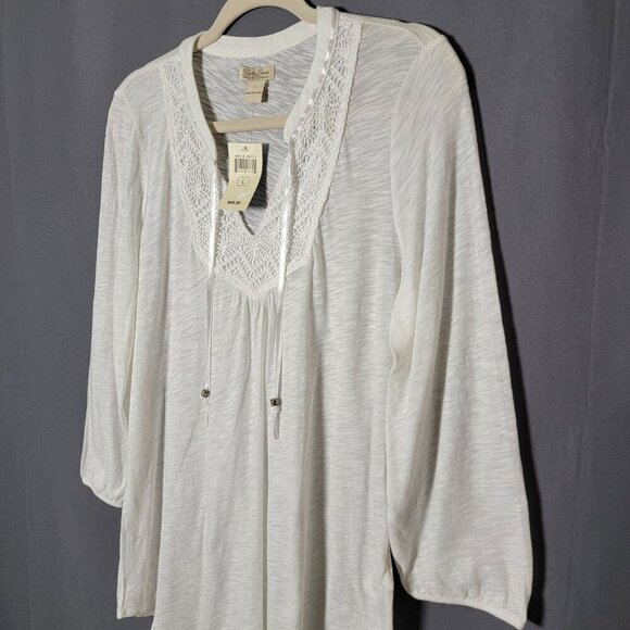 Lucky Brand Womens White Boho Crochet Heathered Sheer Embellished Lace Up Top L - Picture 3 of 11